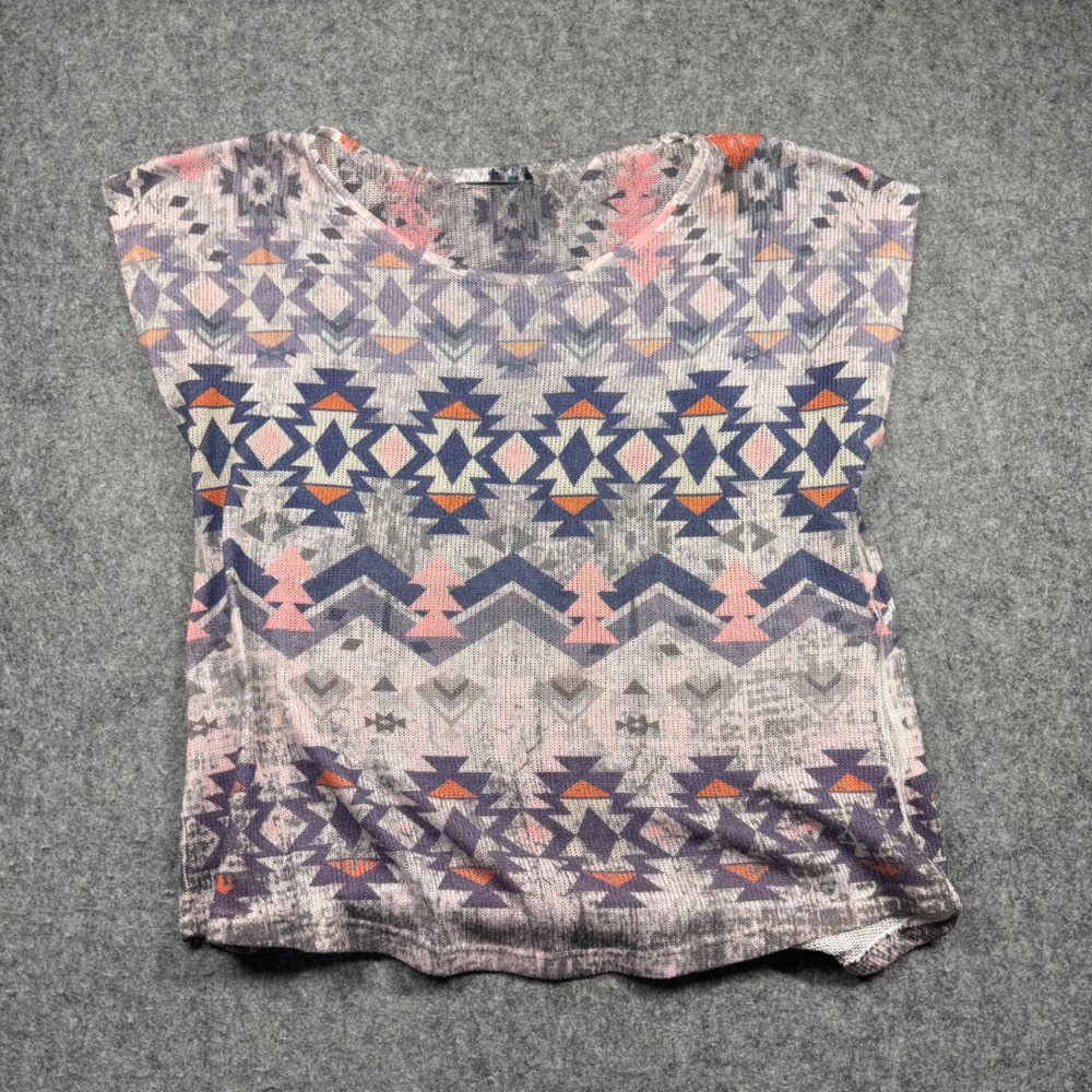 Blu Planet Knit Top Women Large Pink Blue Southwestern Geometric Short Sleeve